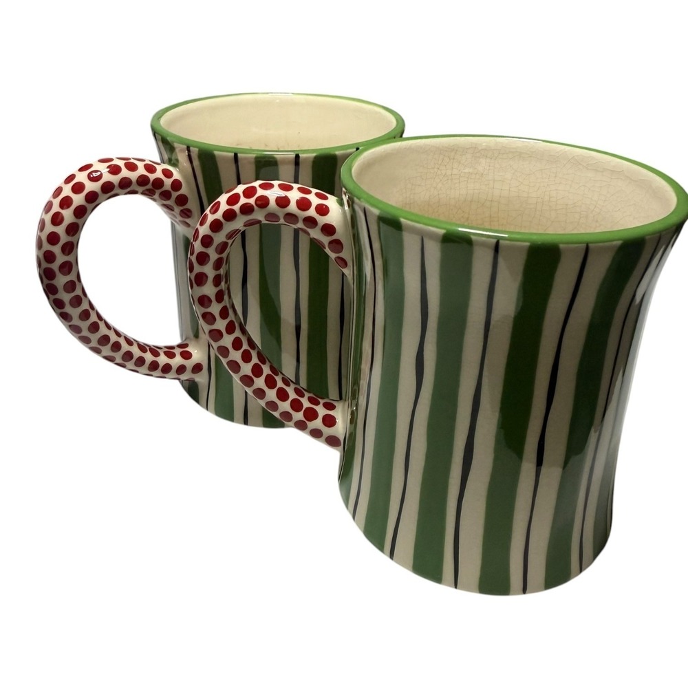 M. Bagwell Simply Christmas Mugs Set of 2 Green Striped Red Polka Dot Ceramic